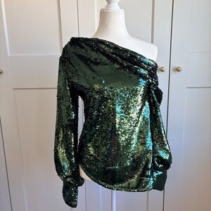 Jonathan Simkhai Alice Sequined One Shoulder Emerald Green Top | XS